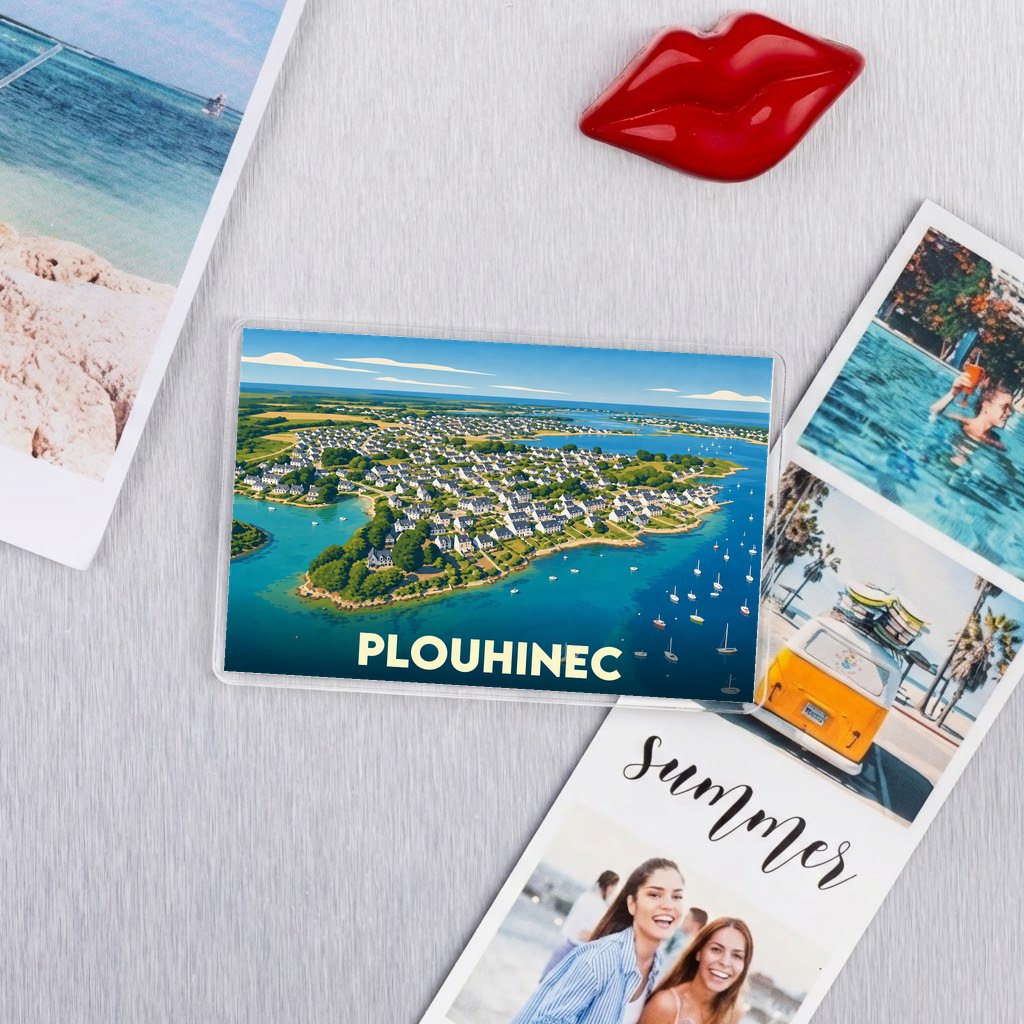 Magnet souvenir de la ville de Plouhinec avec une illustration stylisée d'un paysage côtier.
