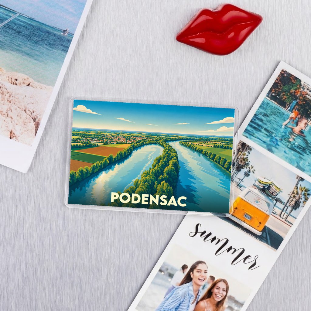 Magnet souvenir de la ville de Podensac avec une illustration stylisée de la Garonne.