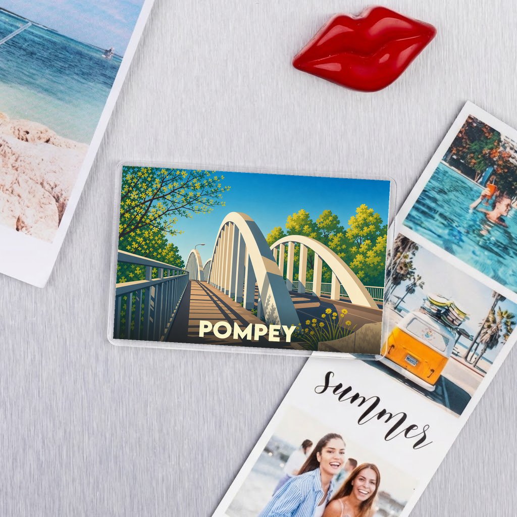 Magnet souvenir de la ville de Pompey avec une illustration stylisée de son pont.
