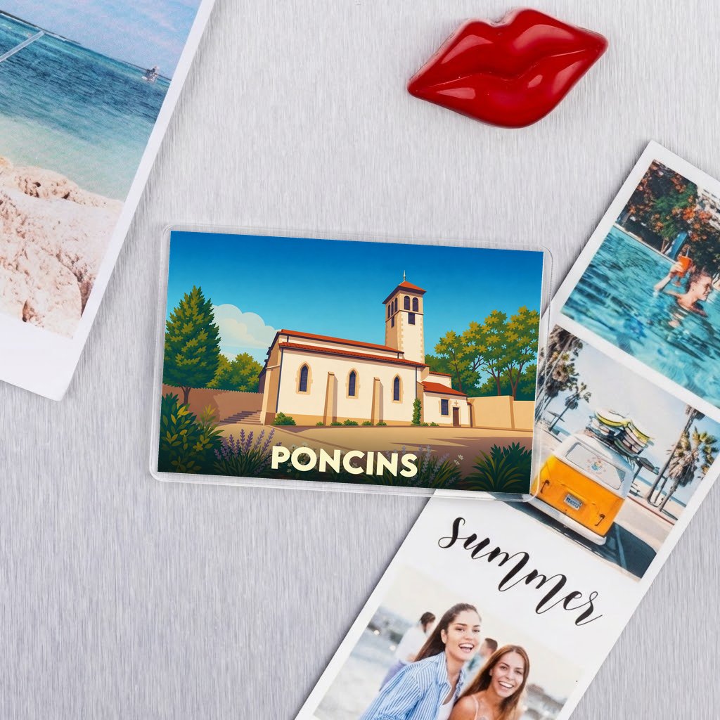 Magnet souvenir de la ville de Poncins avec une illustration stylisée de son église.