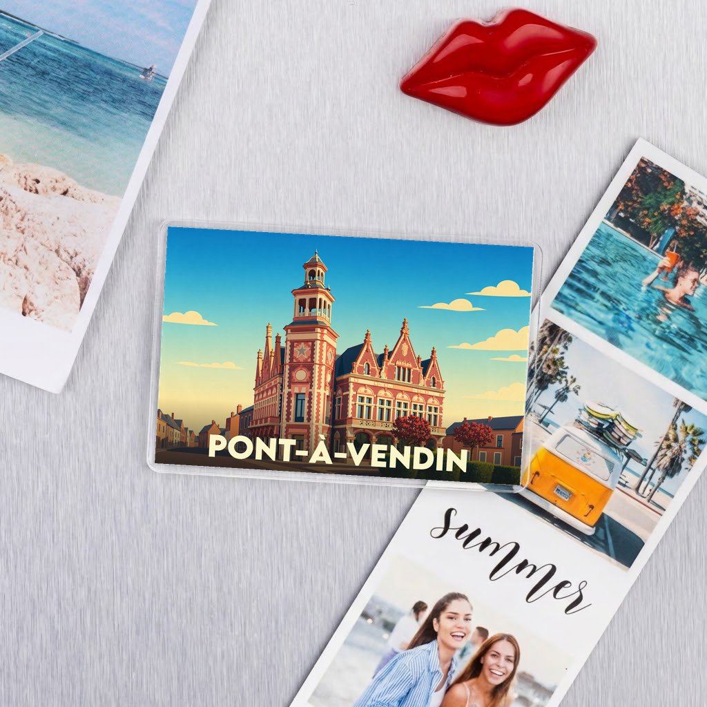 Magnet souvenir de la ville de Pont-à-Vendin avec une illustration stylisée de son hôtel de ville.