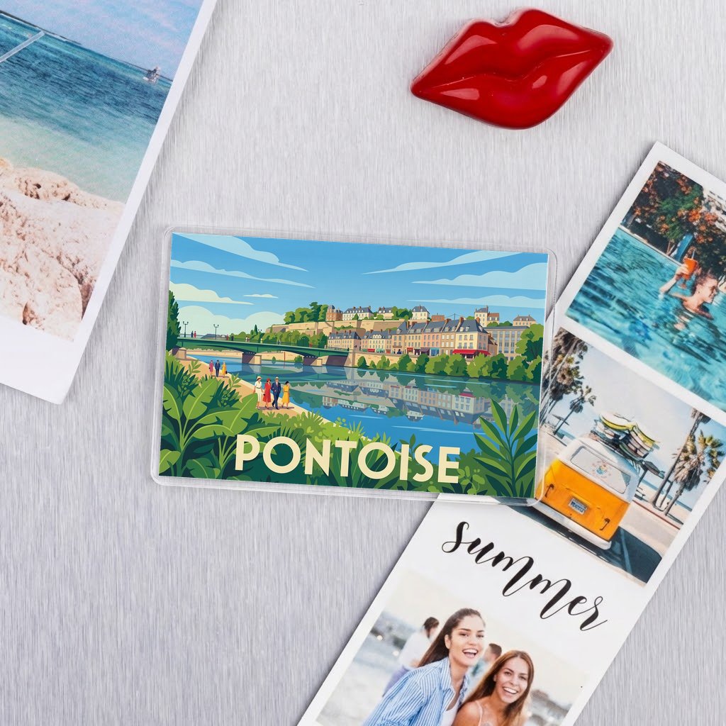 Magnet souvenir de la ville de Pontoise avec une illustration stylisée.