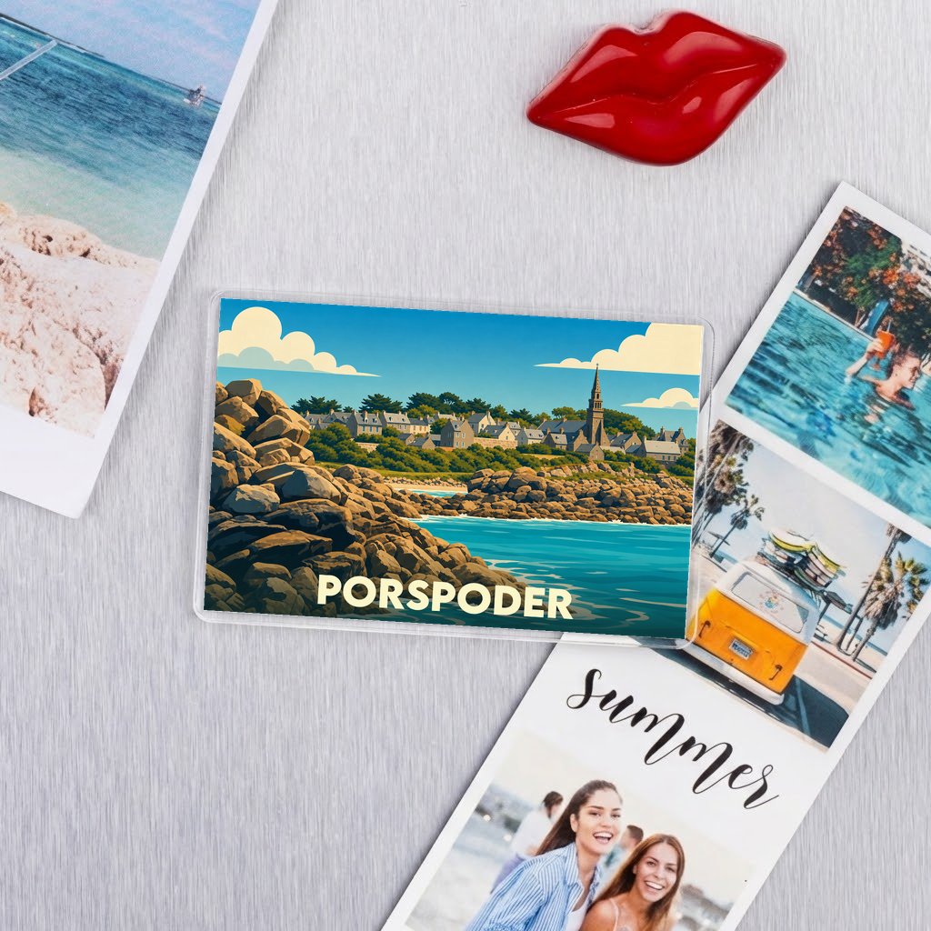 Magnet souvenir de la ville de Porspoder avec une illustration stylisée de sa côte rocheuse.