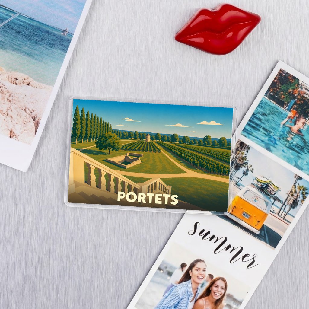 Magnet souvenir de la ville de Portets avec une illustration de vignoble.