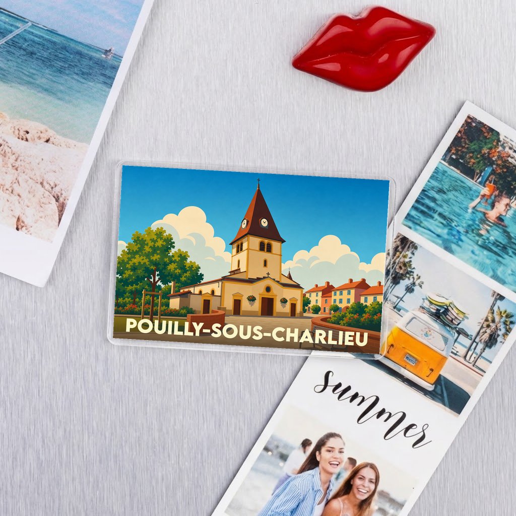 Magnet souvenir de la ville de Pouilly-sous-Charlieu avec une illustration stylisée de son église.