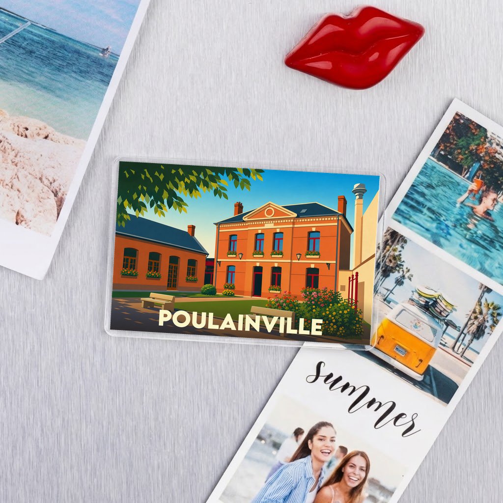 Magnet souvenir de la ville de Poulainville avec une illustration stylisée de sa mairie.