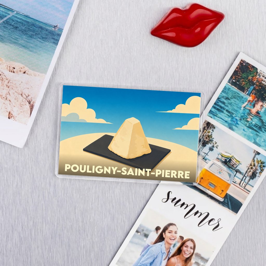 Magnat souvenir de Pouligny-Saint-Pierre illustrant son fromage emblématique dans un style épuré.
