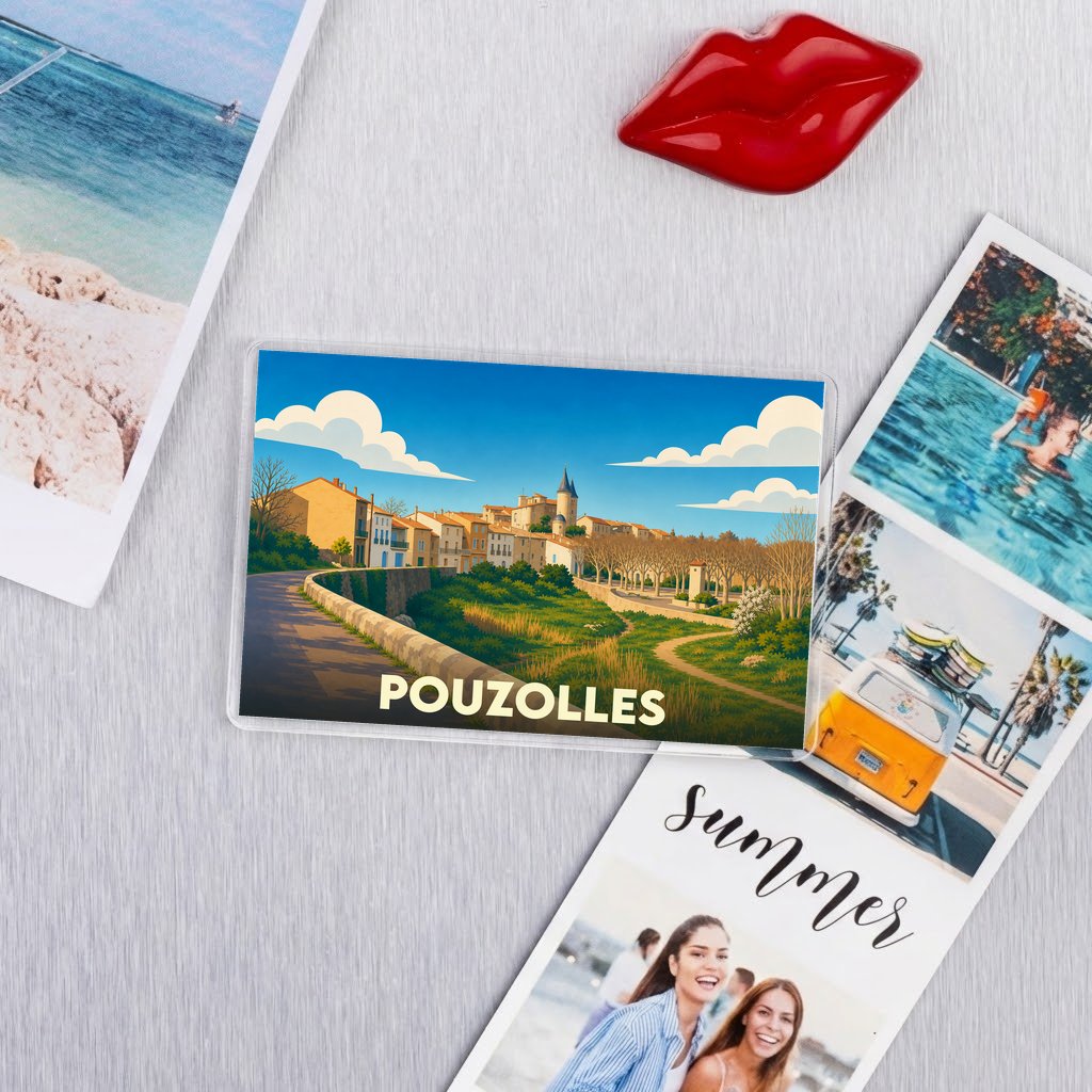Magnet souvenir de la ville de Pouzolles avec une illustration stylisée et colorée.