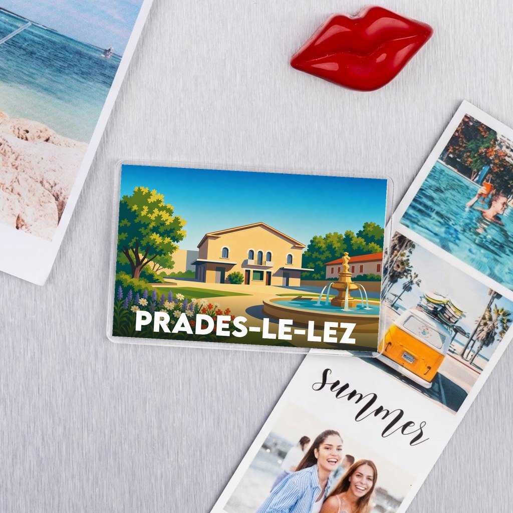 Magnet souvenir de la ville de Prades-le-Lez avec une illustration stylisée.