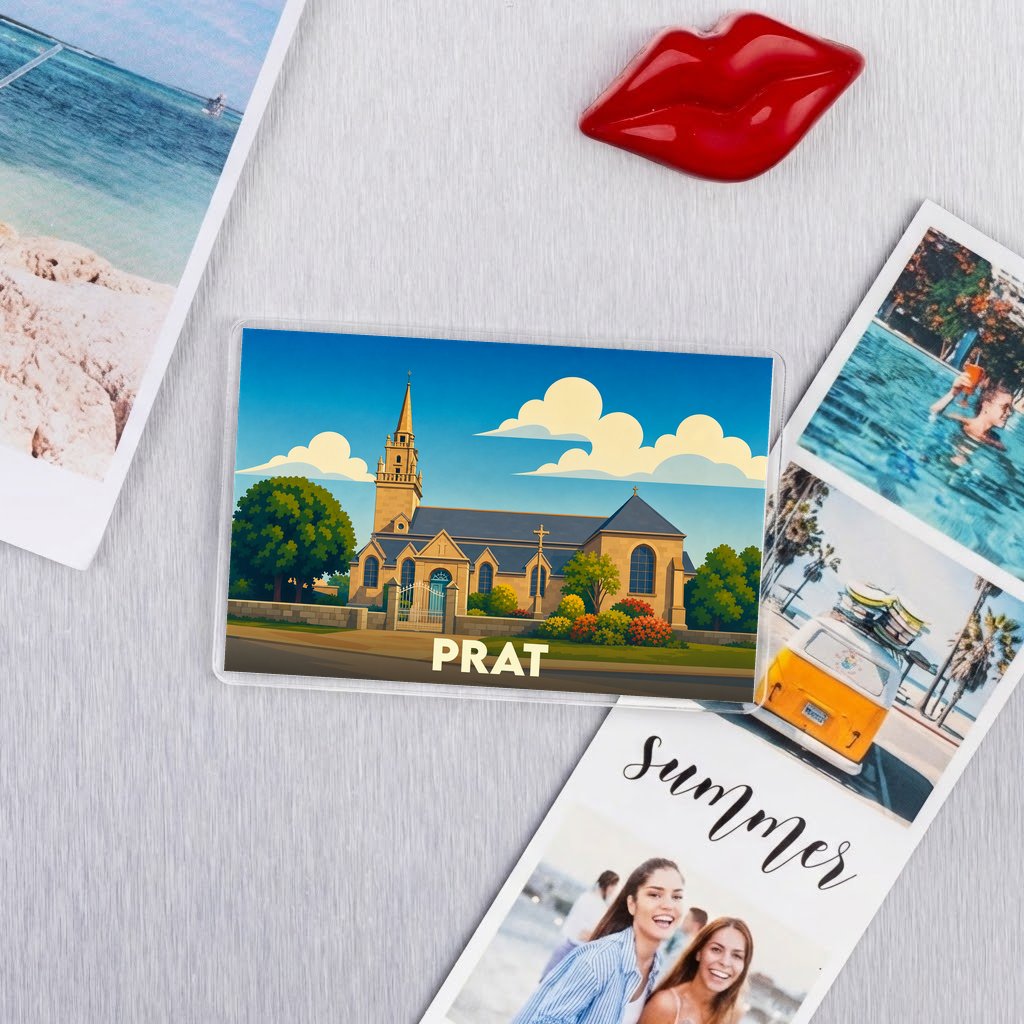 Magnet souvenir de la ville de Prat avec une illustration stylisée de son église.