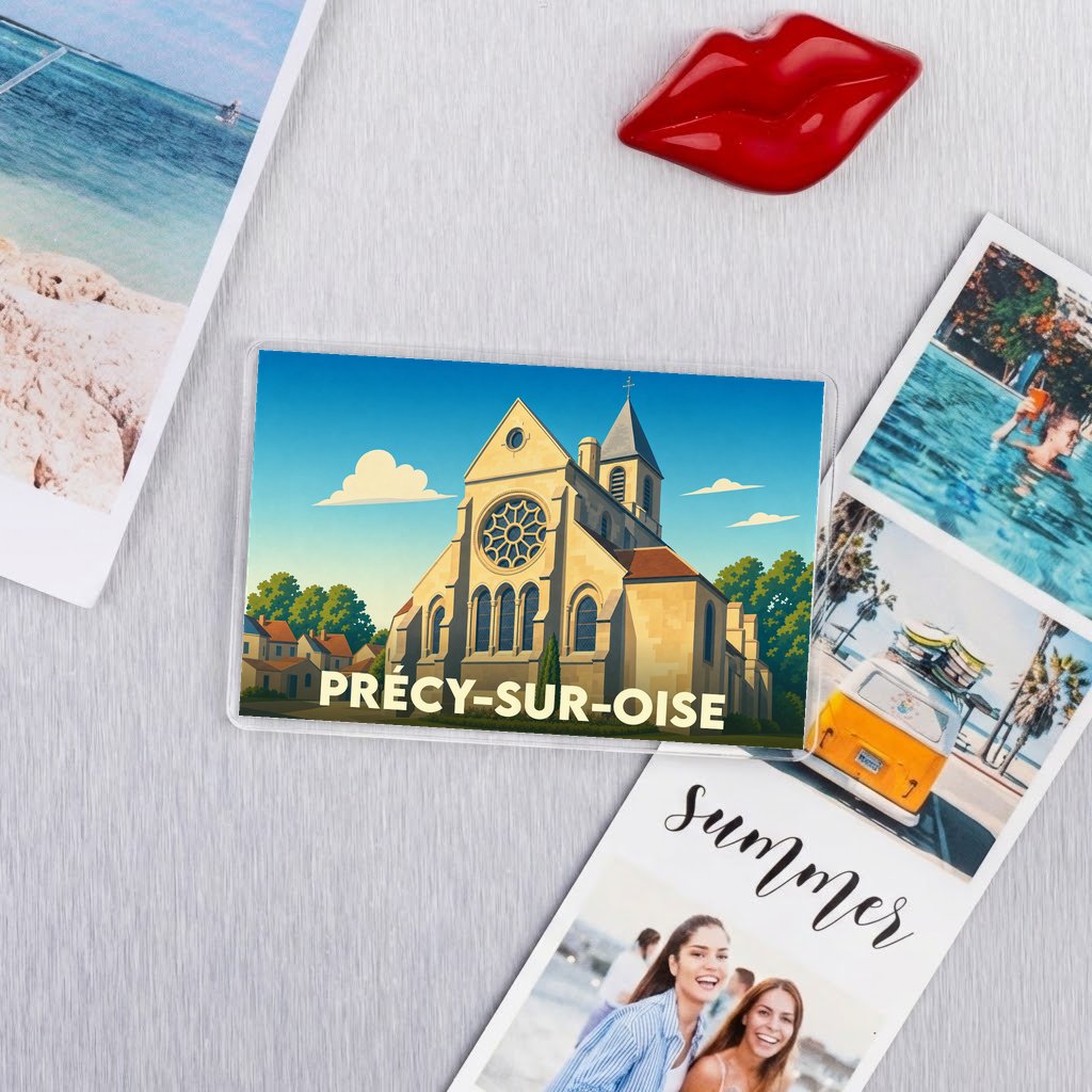 Magnet souvenir de la ville de Précy-sur-Oise avec une illustration stylisée de son église.