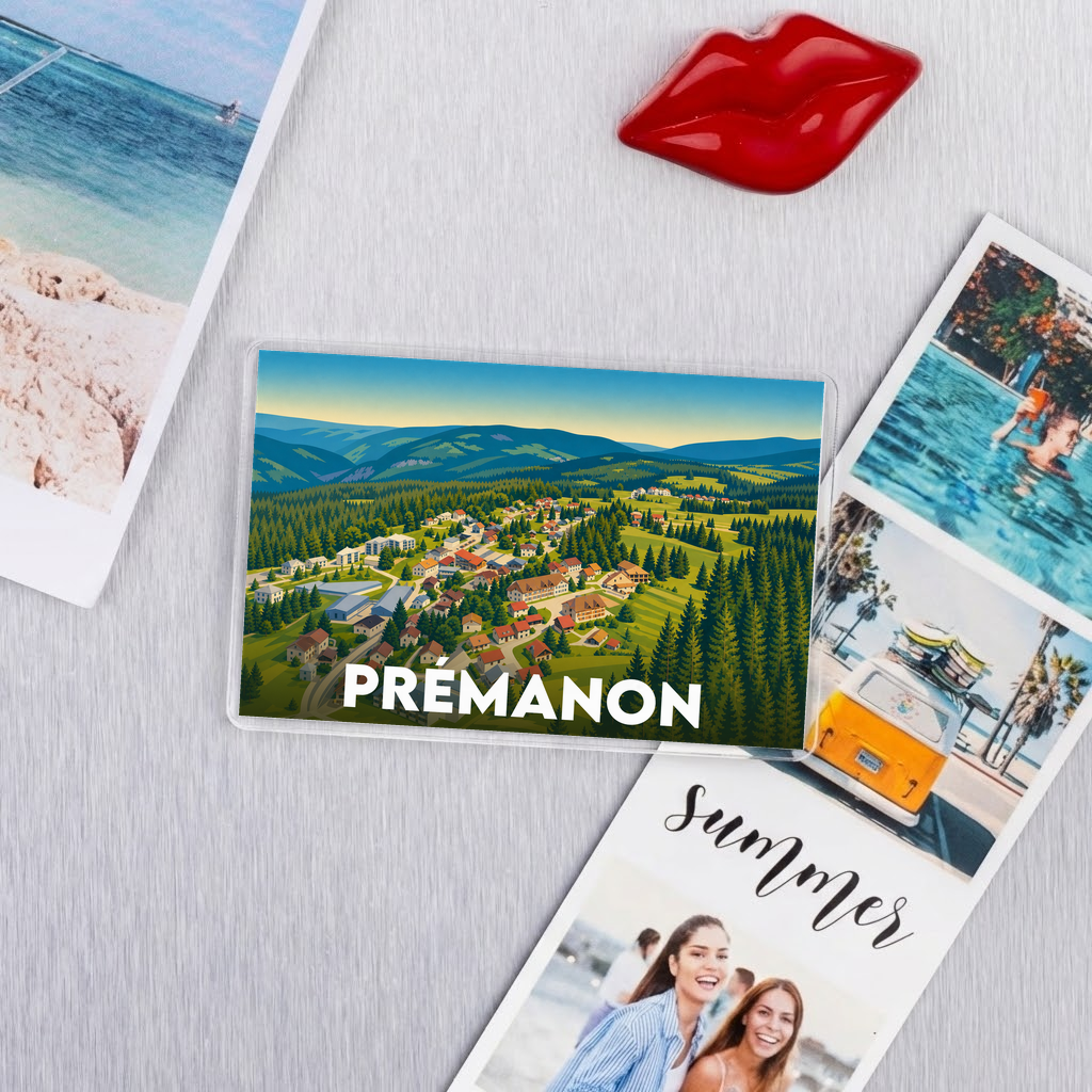 Magnet souvenir de la ville de Prémanon avec une illustration stylisée de son paysage montagnard.