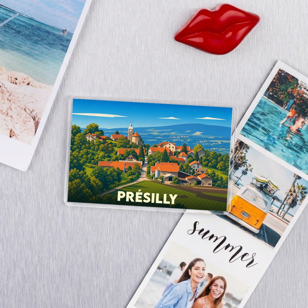 Magnet souvenir de la ville de Présilly avec une illustration stylisée de ses paysages et habitations.