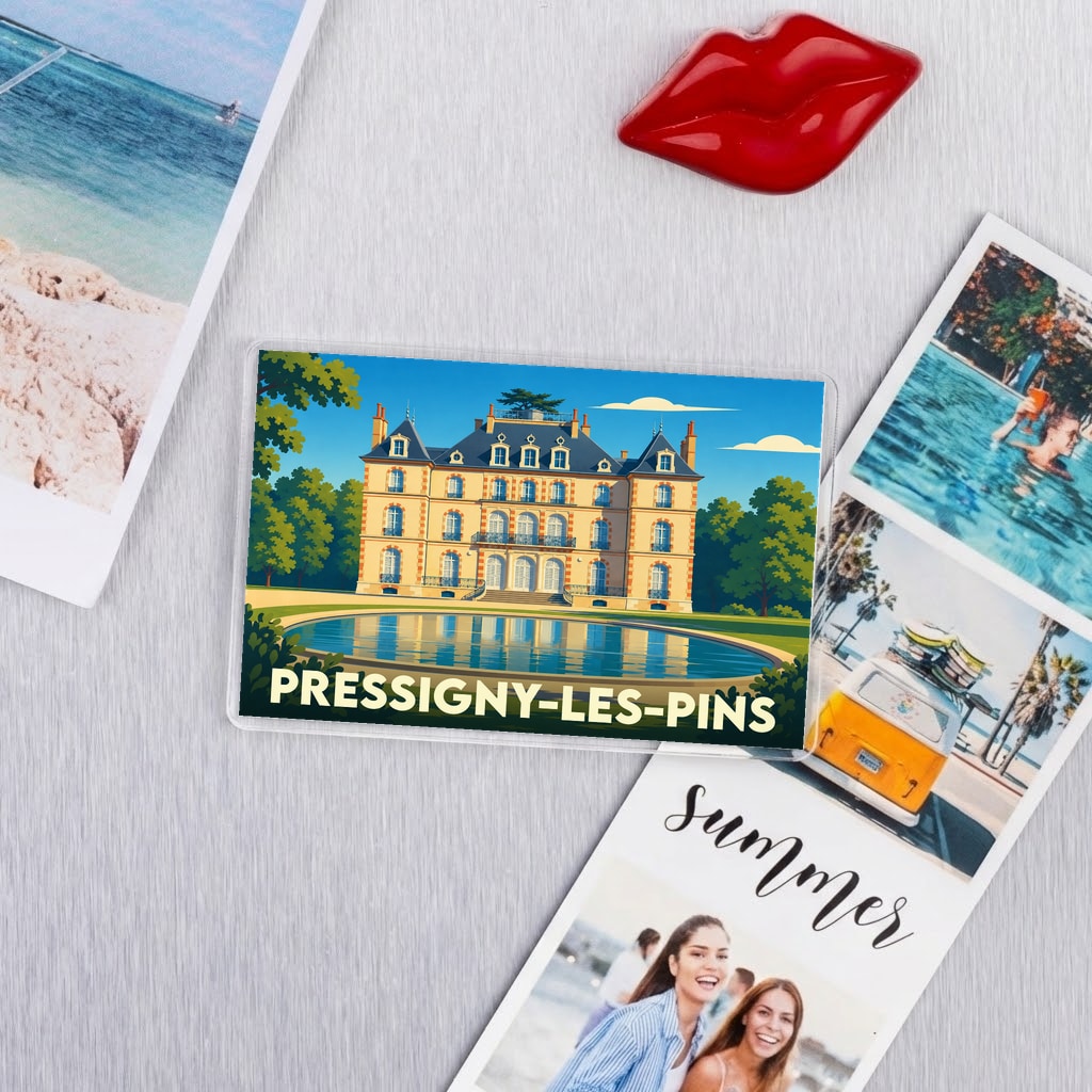 Magnet souvenir de la ville de Pressigny-les-Pins illustrant un château devant un plan d'eau.