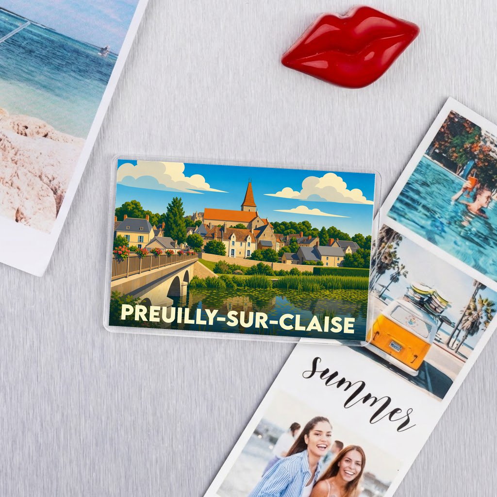 Magnet souvenir de la ville de Preuilly-sur-Claise avec une illustration stylisée.