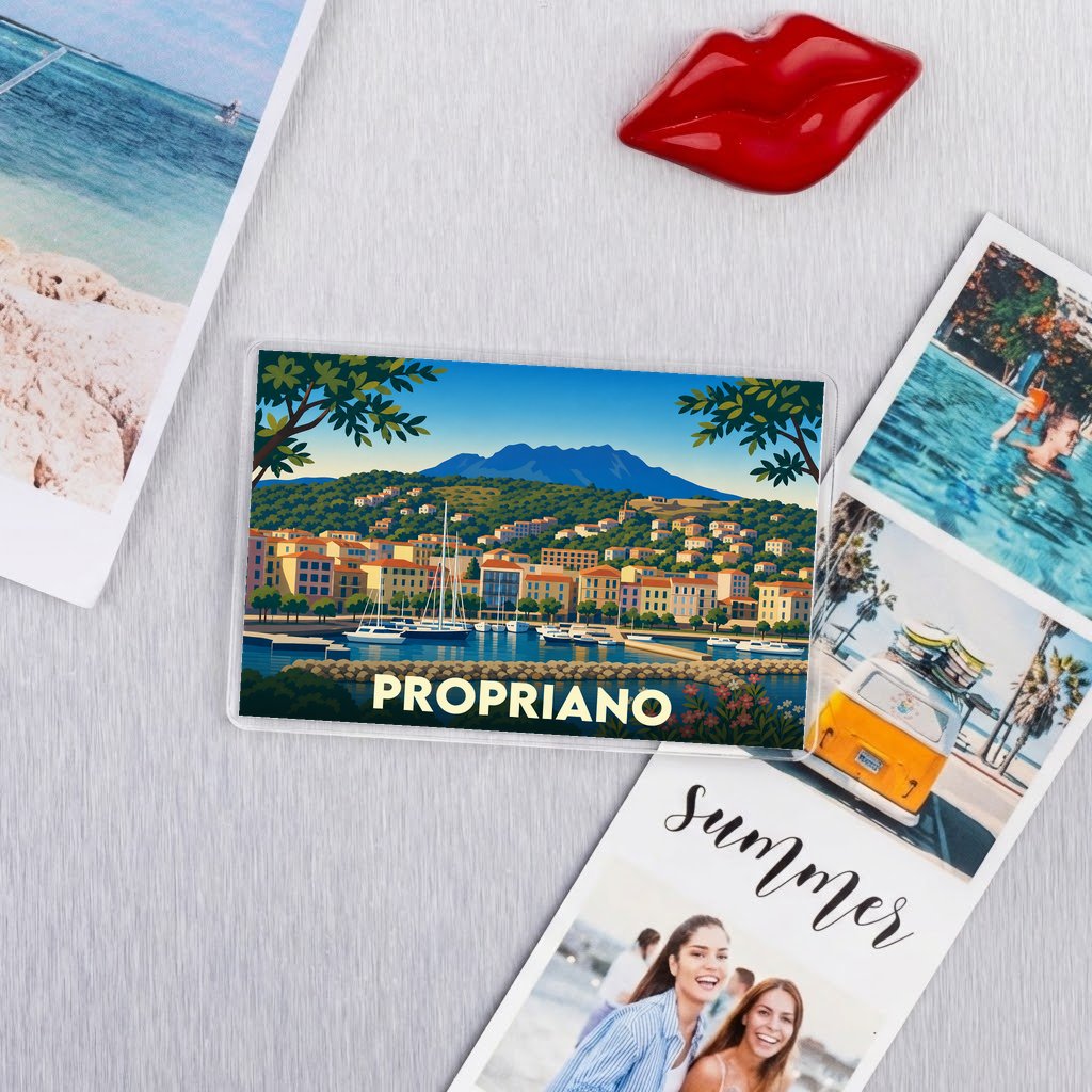 Magnet souvenir de la ville de Propriano avec une illustration stylisée de son port et ses montagnes.