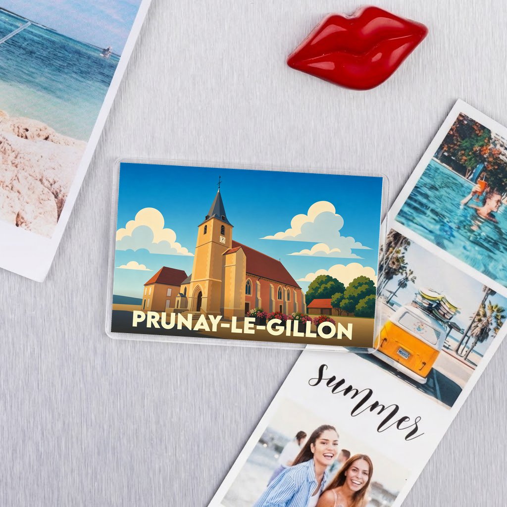 Magnet souvenir de la ville de Prunay-le-Gillon avec une illustration stylisée de son église.