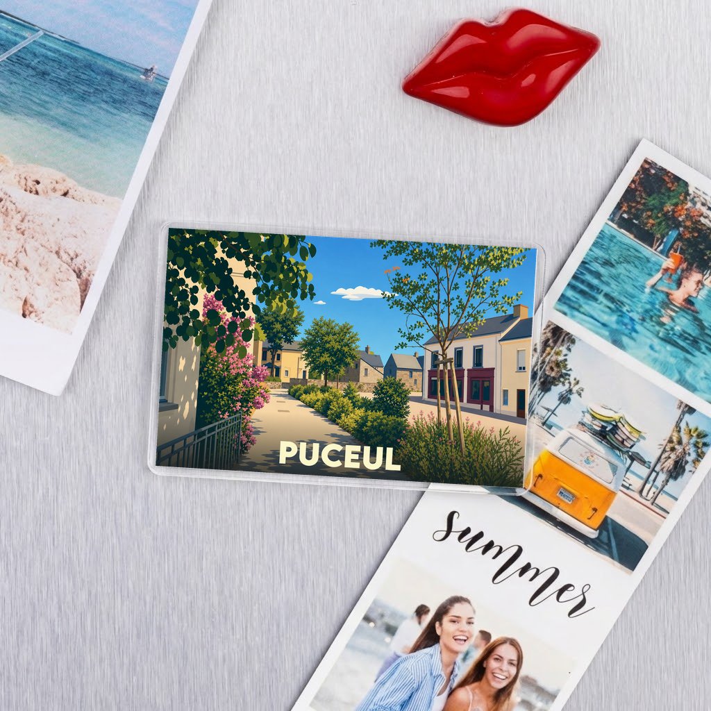 Magnet souvenir de la ville de Puceul avec une illustration stylisée et colorée.