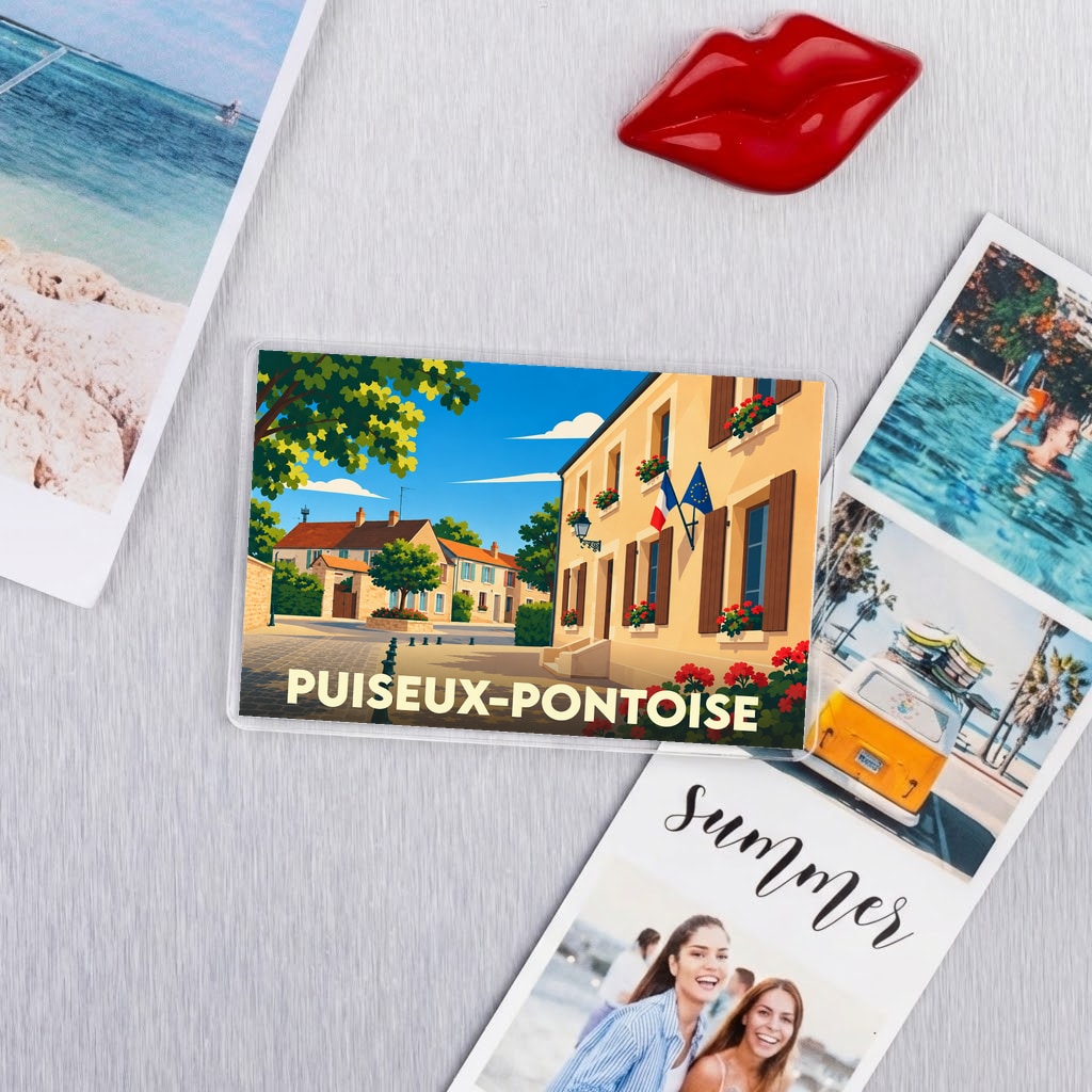 Magnet souvenir de la ville de Puiseux-Pontoise avec une illustration stylisée et colorée.