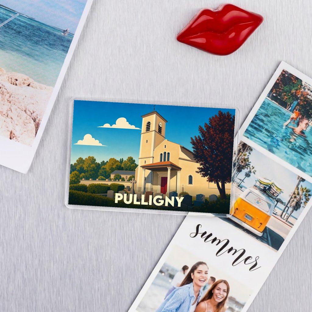 Magnet souvenir de la ville de Pulligny avec une illustration stylisée de son église.