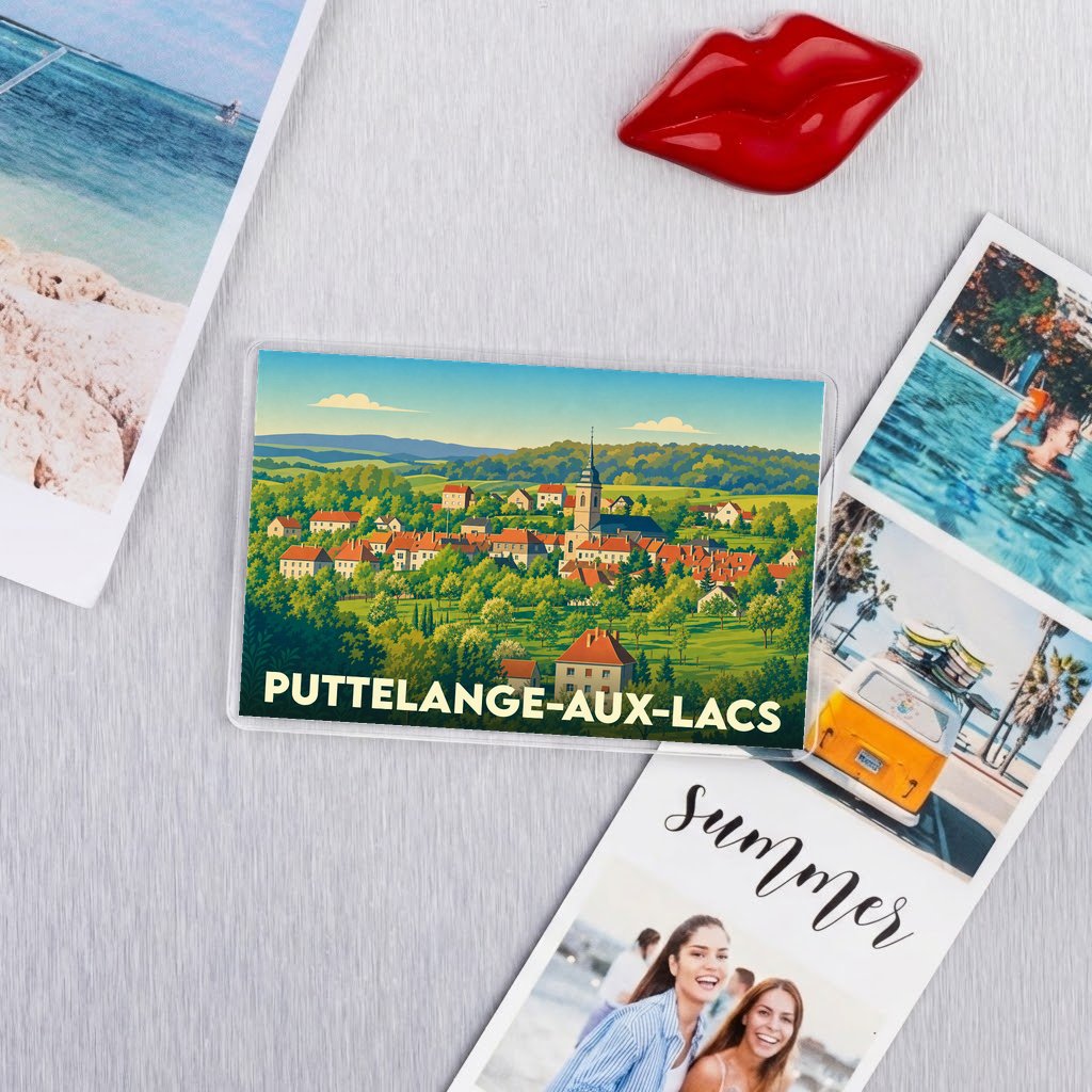 Magnet souvenir de la ville de Puttelange-aux-Lacs avec une illustration de style vintage.