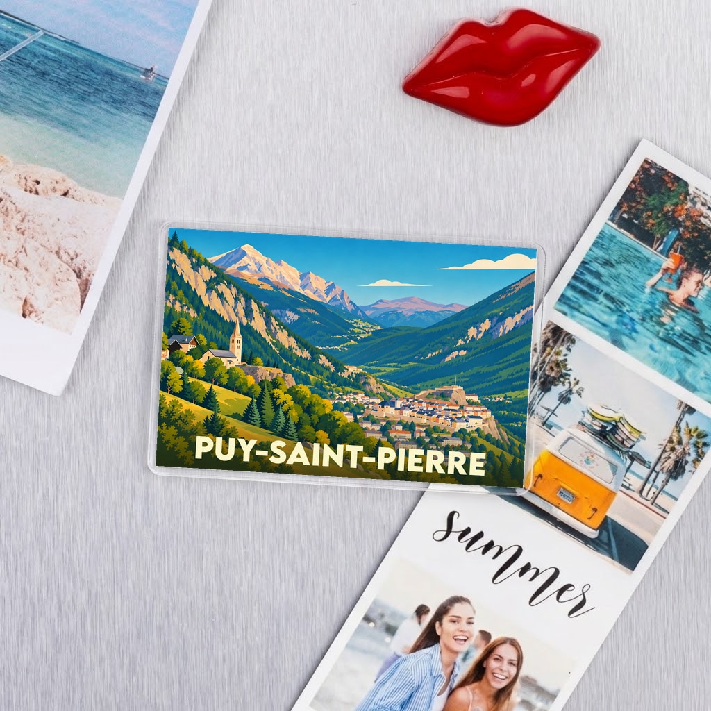 Magnet souvenir de la ville de Puy-Saint-Pierre avec une illustration stylisée de ses paysages montagneux.