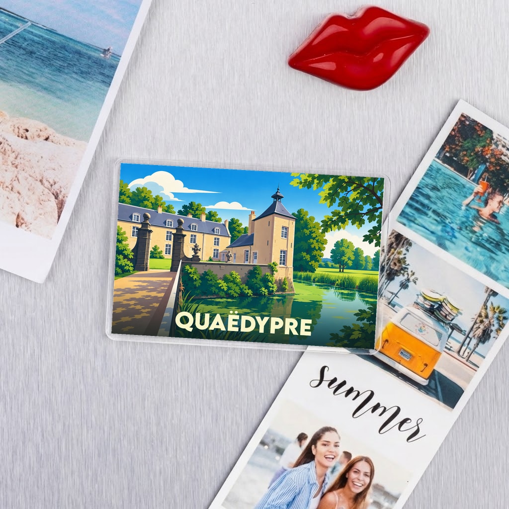 Magnet souvenir de la ville de Quaëdypre avec une illustration stylisée d'un château au bord de l'eau.