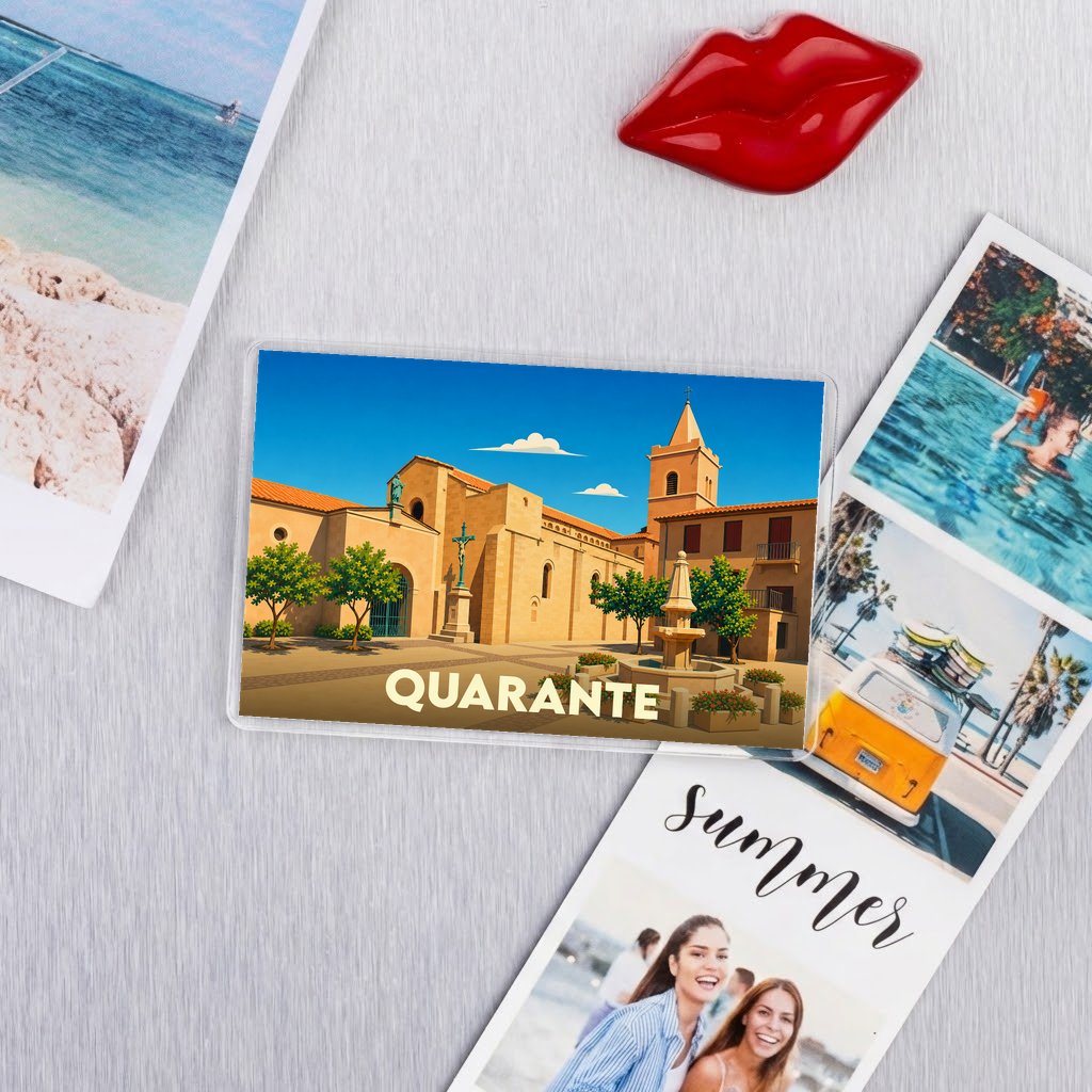 Magnet souvenir de la ville de Quarante avec une illustration stylisée de son patrimoine.