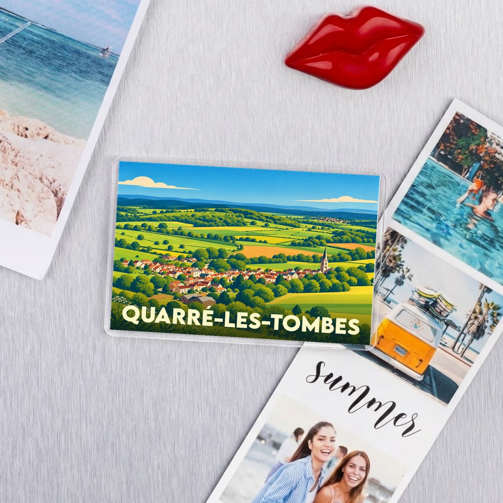 Magnet souvenir de la ville de Quarré-les-Tombes avec une illustration panoramique stylisée.