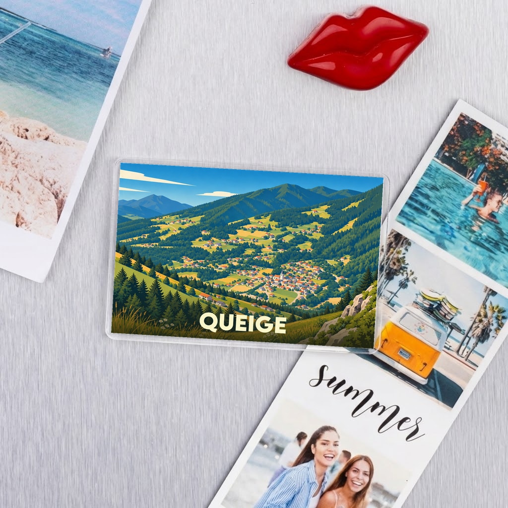 Magnet souvenir de la commune de Queige avec une illustration panoramique de ses paysages montagneux.