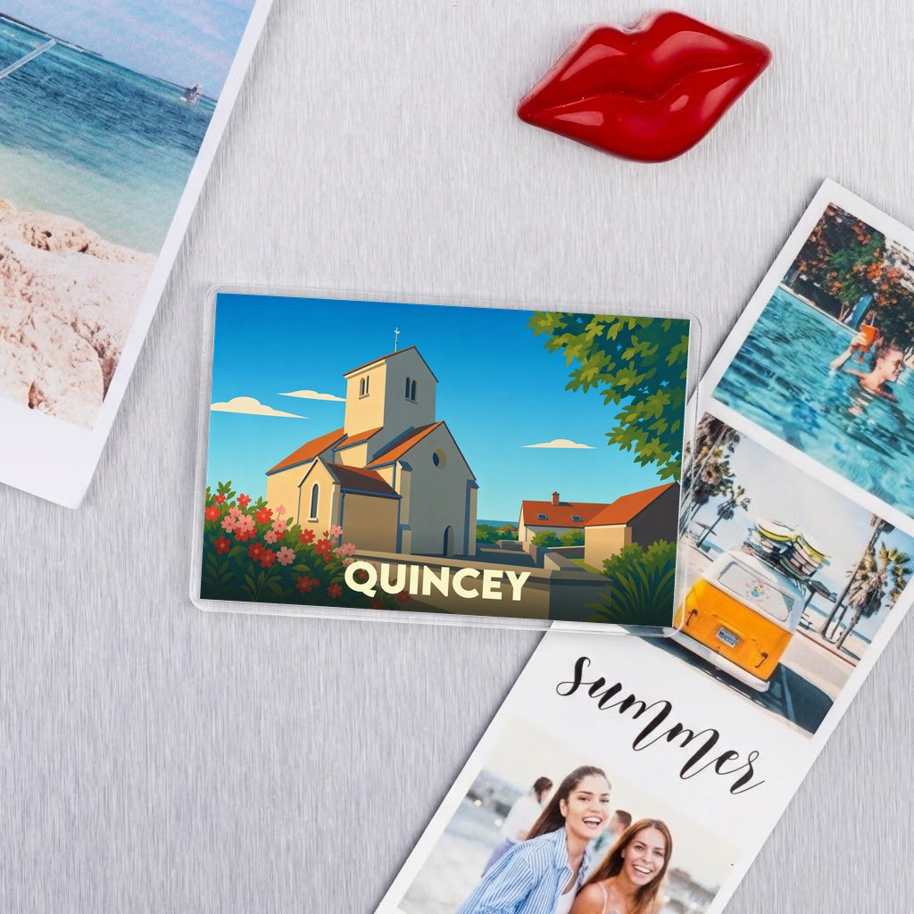 Magnet souvenir de la ville de Quincey avec une illustration stylisée d'une église sous un ciel bleu.