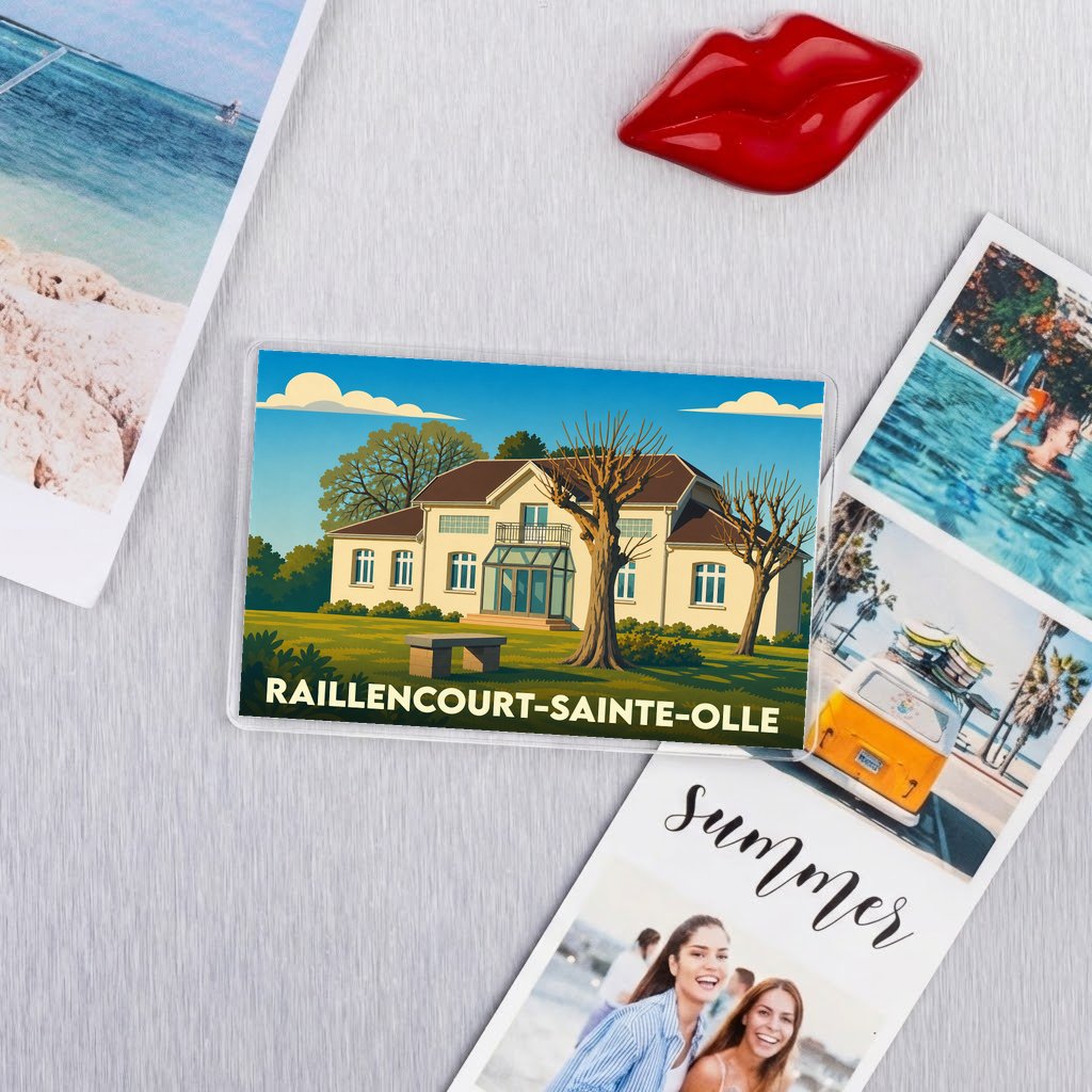 Magnet souvenir de la ville de Raillencourt-Sainte-Olle avec une illustration stylisée d'une grande demeure.