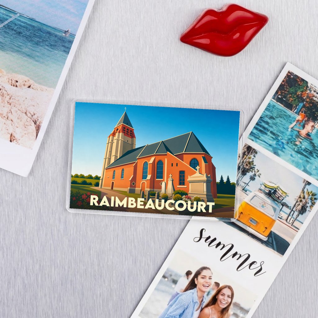 Magnet souvenir de la ville de Raimbeaucourt avec une illustration stylisée de son église.