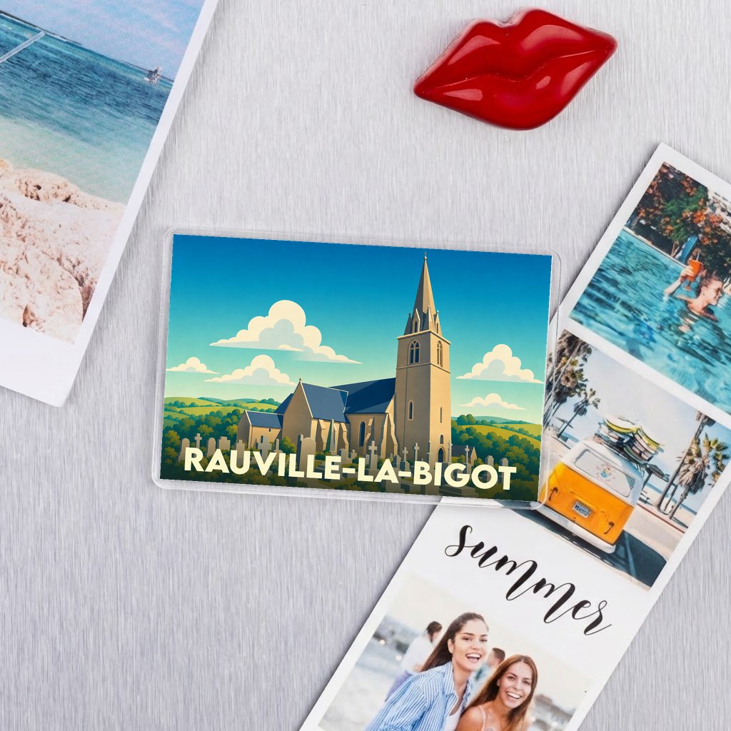 Magnet souvenir de Rauville-la-Bigot illustrant son église dans un style graphique épuré.