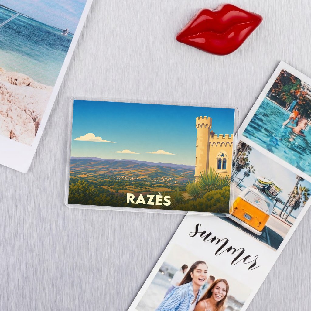 Magnet souvenir de la ville de Razès avec une illustration stylisée de son paysage et de sa tour.