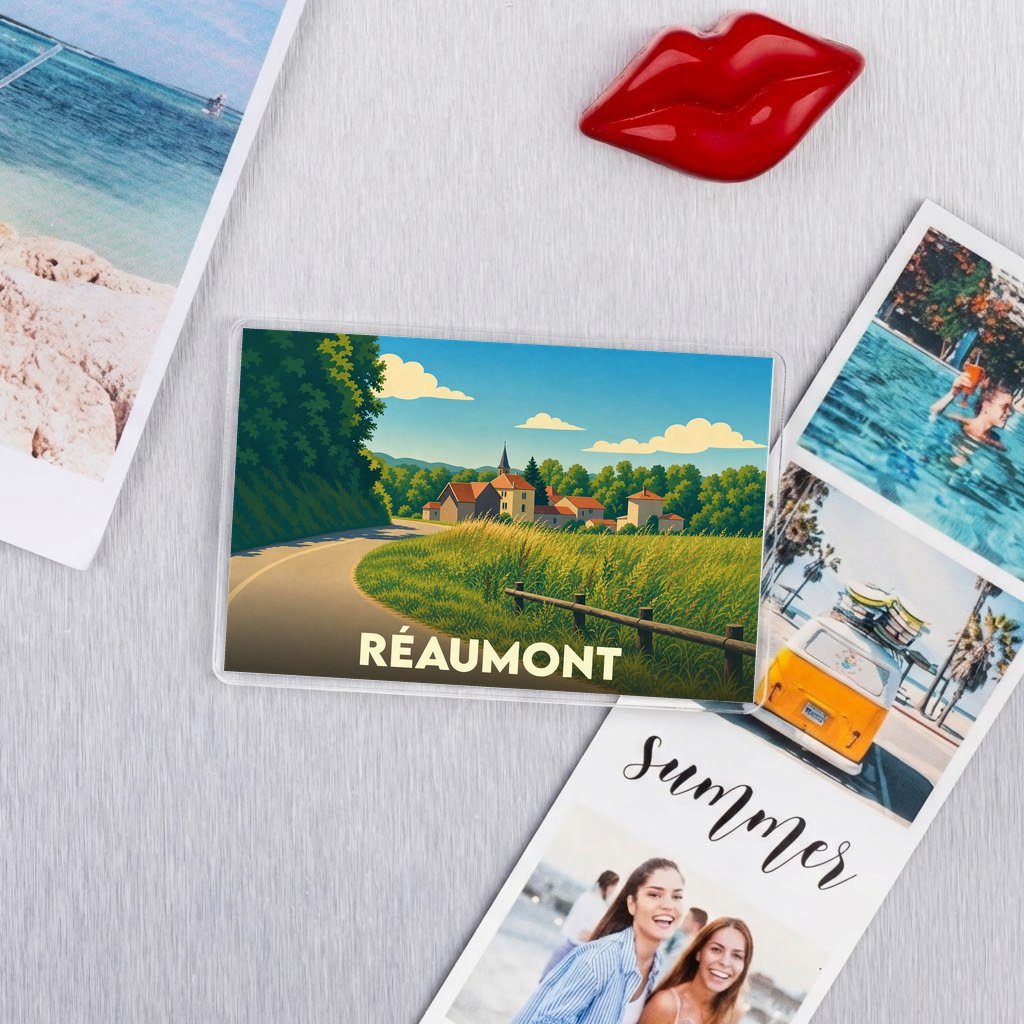 Magnet souvenir de la ville de Réaumont avec une illustration stylisée de son paysage.