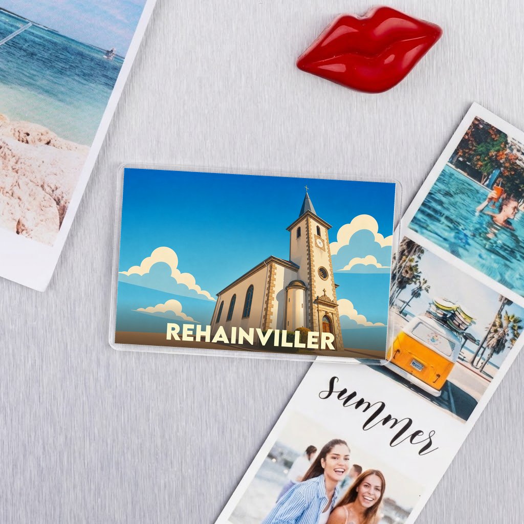 Magnet souvenir de la ville de Rehainviller avec une illustration stylisée de son église.