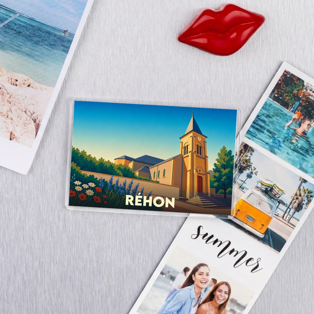 Magnet souvenir de la ville de Réhon avec une illustration stylisée de son église.