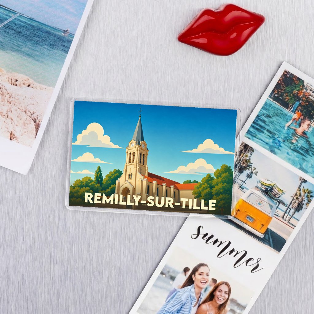 Magnet souvenir de la ville de Remilly-sur-Tille avec une illustration stylisée de son église.
