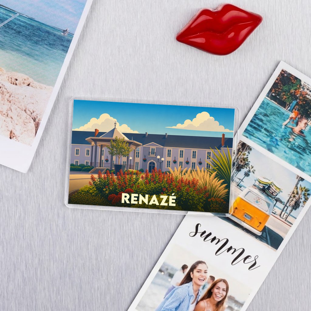 Magnet souvenir de la ville de Renazé avec une illustration stylisée.