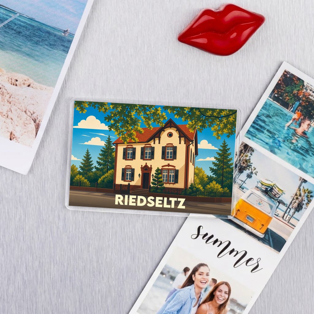 Magnet souvenir de la ville de Riedseltz avec une illustration colorée d'une maison alsacienne.