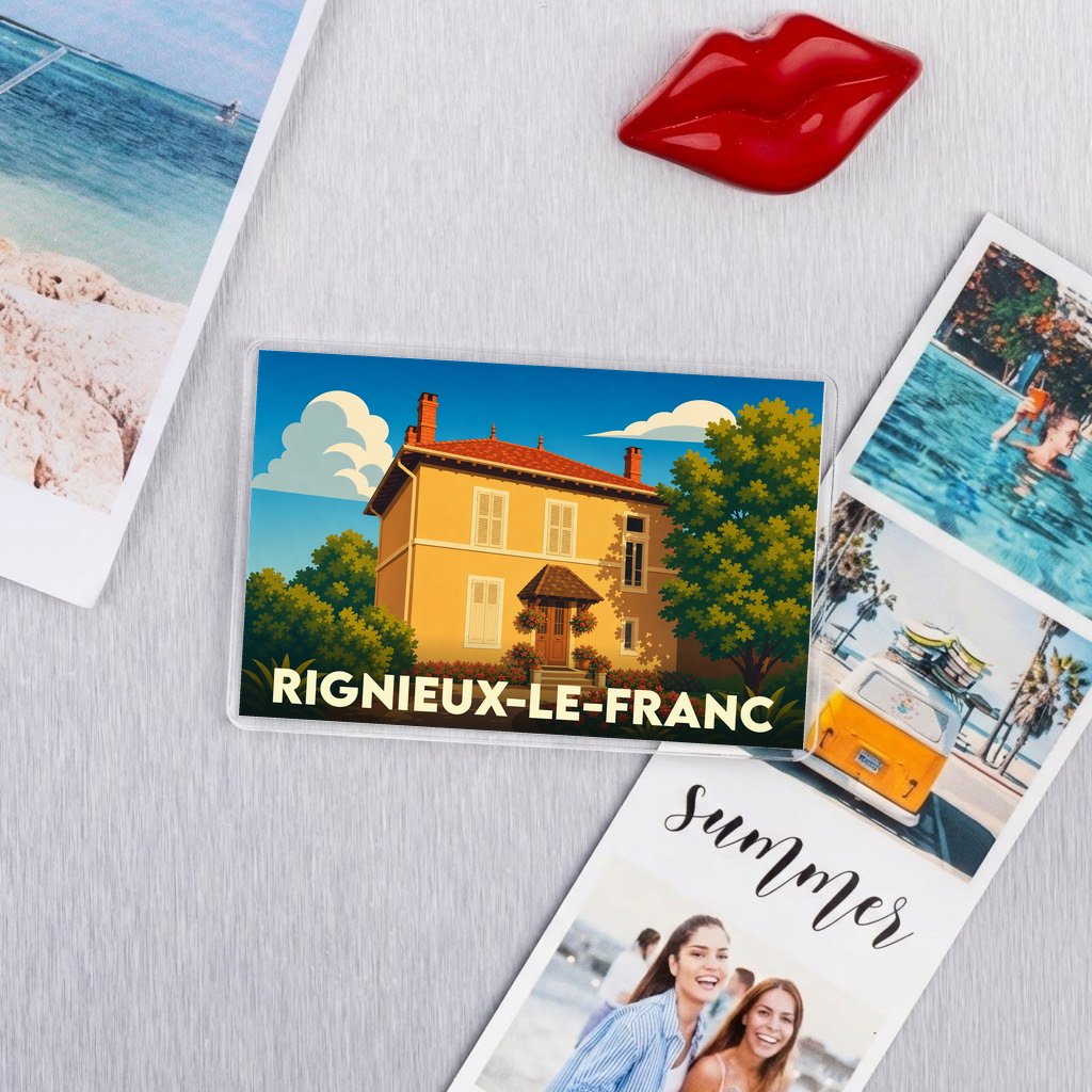 Magnet souvenir de la ville de Rignieux-le-Franc avec une illustration colorée et stylisée.