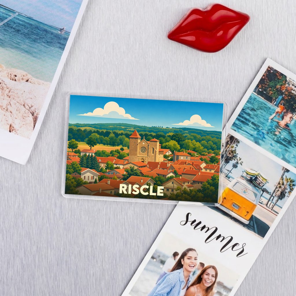 Magnet souvenir de la ville de Riscle avec une illustration stylisée.
