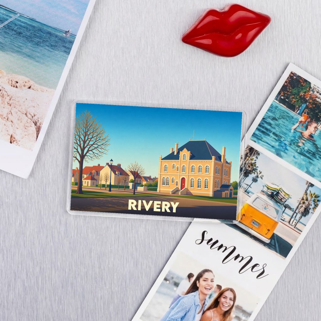 Magnet souvenir de la ville de Rivery avec une illustration stylisée d'un bâtiment remarquable.