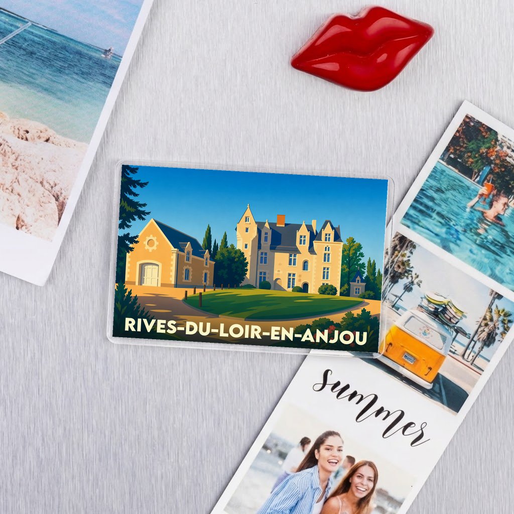 Magnet souvenir de Rives-du-Loir-en-Anjou avec une illustration stylisée de son patrimoine.