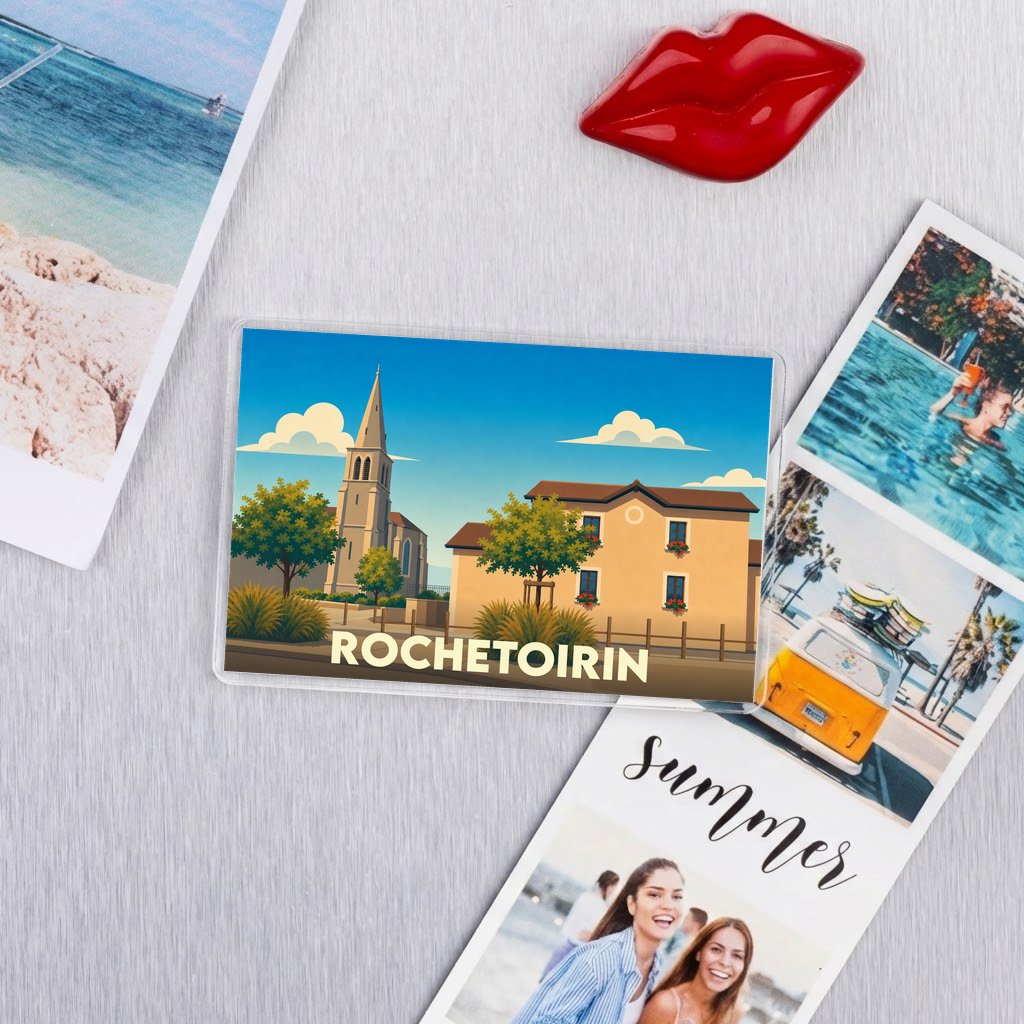 Magnet souvenir de la ville de Rochetoirin avec une illustration stylisée.