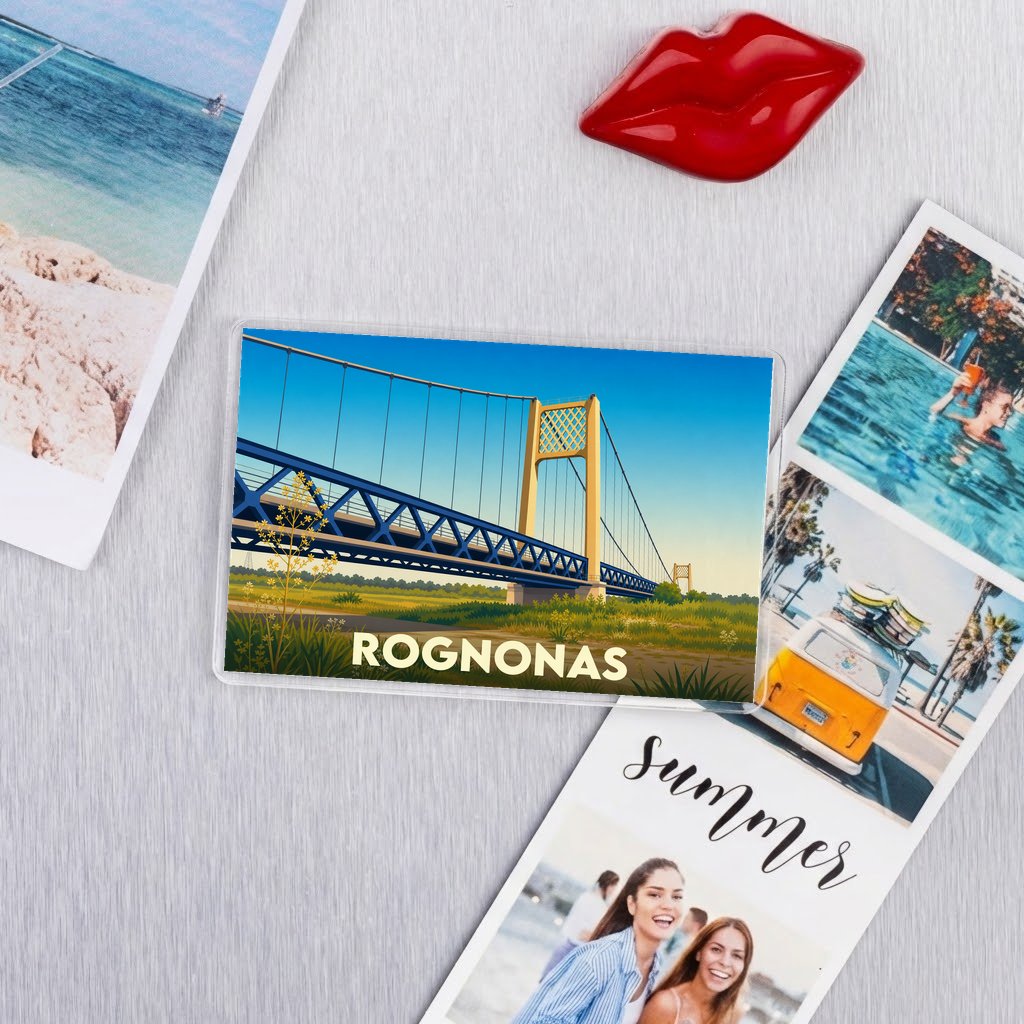Magnet souvenir de la ville de Rognonas avec une illustration stylisée de son pont.