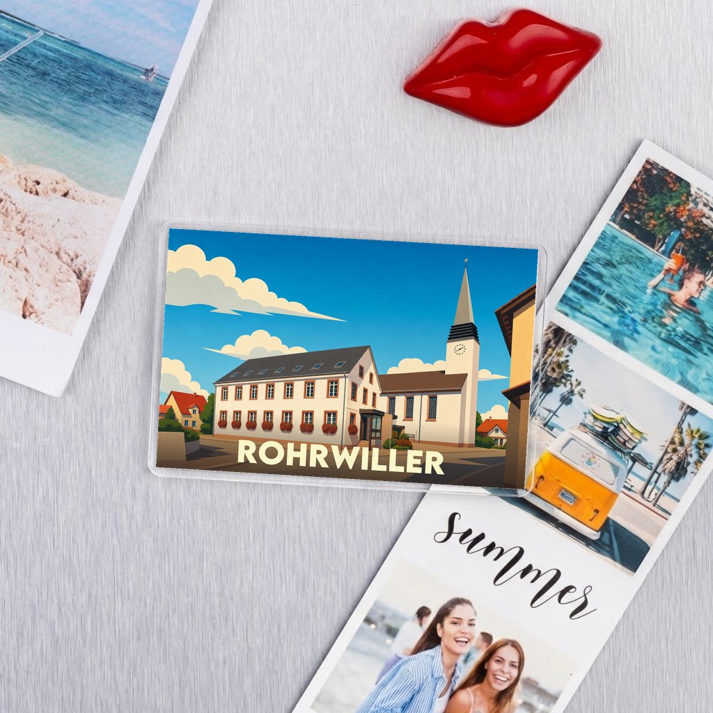 Magnet souvenir de la ville de Rohrwiller avec une illustration stylisée de sa mairie et de son église.