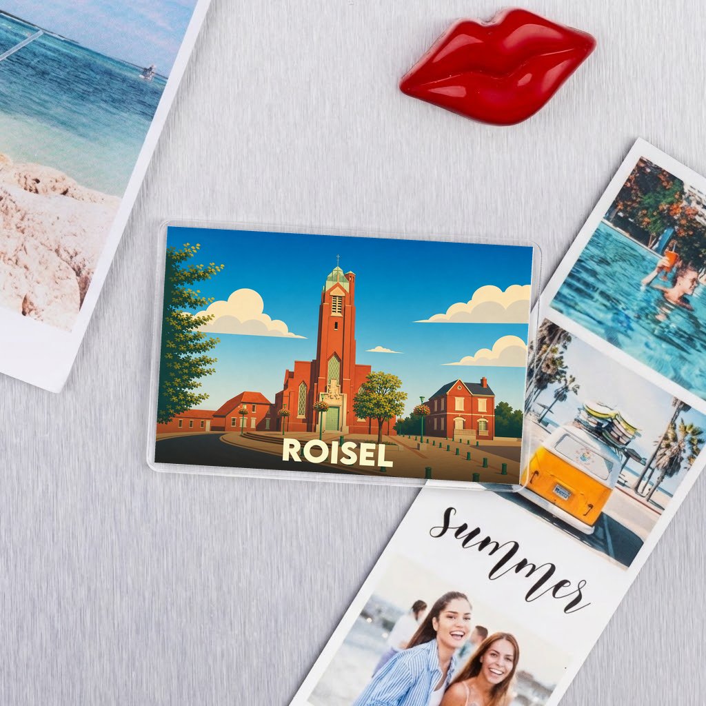 Magnet souvenir de la ville de Roisel avec une illustration stylisée.