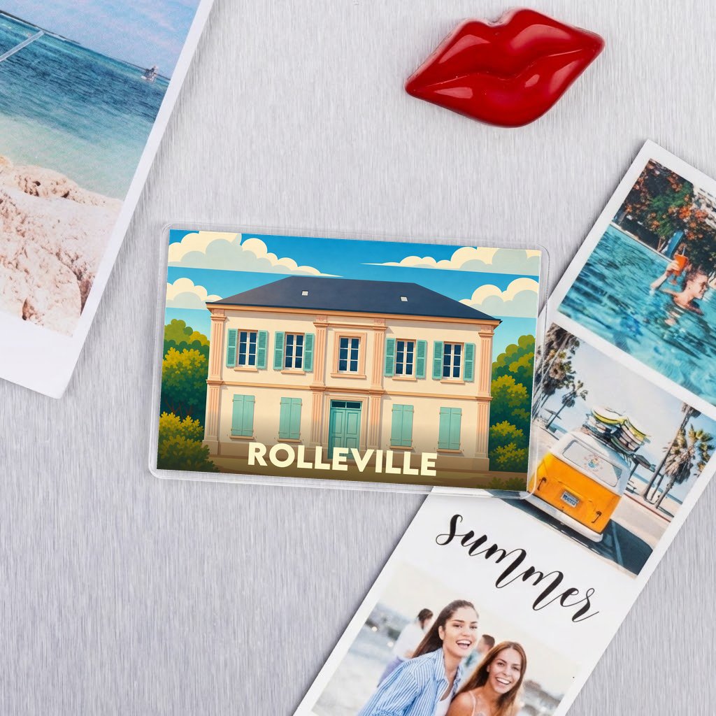 Magnet souvenir de la ville de Rolleville avec une illustration stylisée d'un bâtiment classique aux volets bleus.